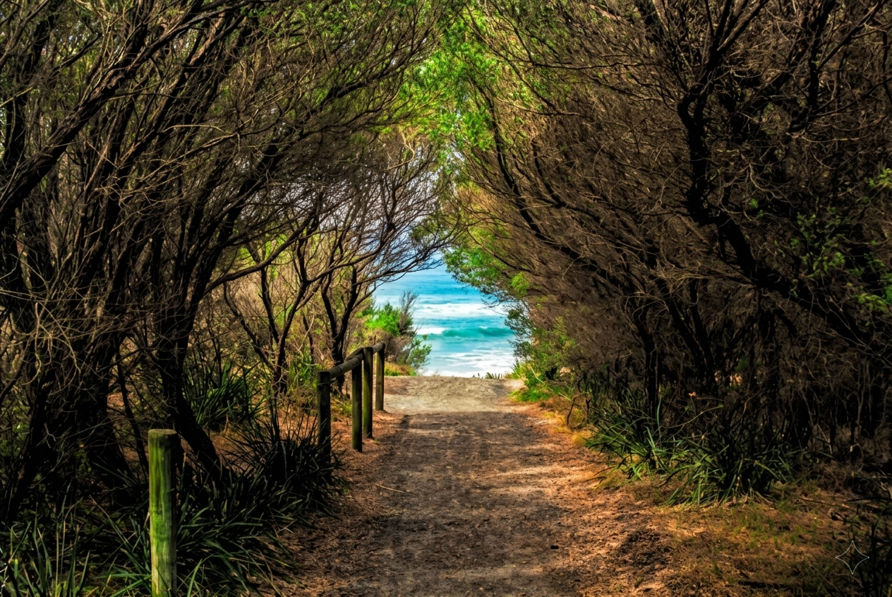 A shaded bush track under an arch of coastal trees opening onto turquoise ocean