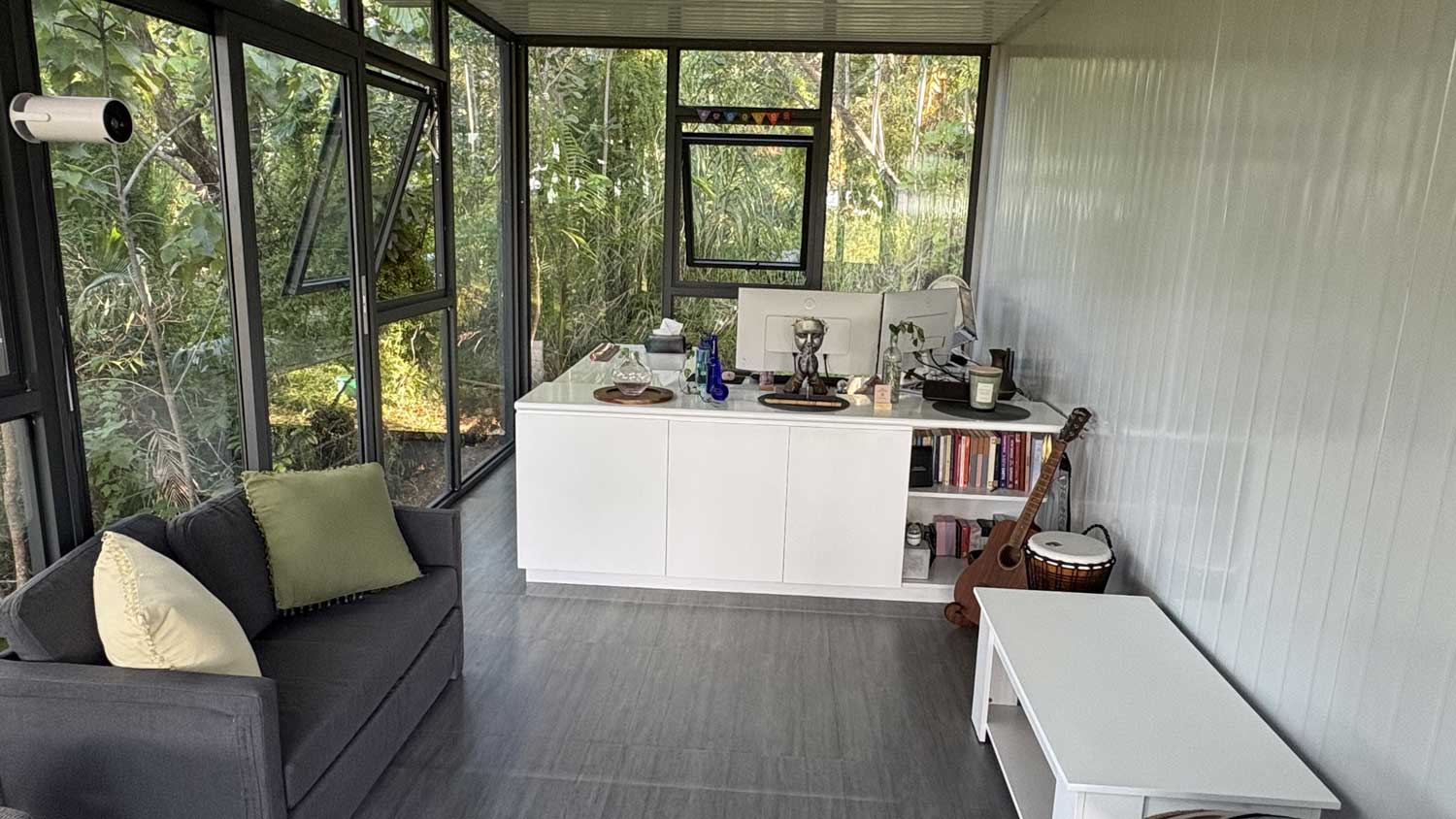 Backyard studio glass pod with timber deck
