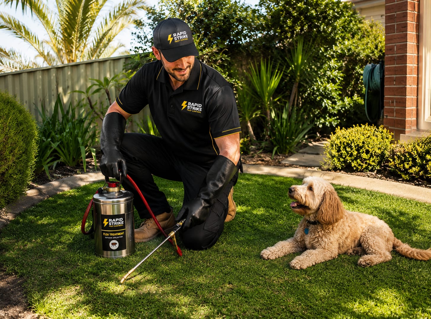 Rapid Strike technician treating a Sydney backyard for fleas with the family dog nearby